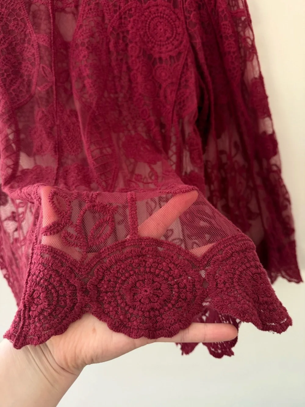 Sheer Crochet Burgundy Lace Long Sleeve Top Womens 2X Witchy Whimsigoth Boho - Picture 5 of 11